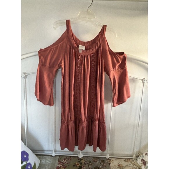 Knox Rose Dusty Rose Color Peek A Boo Shoulder Dress Hippie Boho Garden Size L - Picture 2 of 8